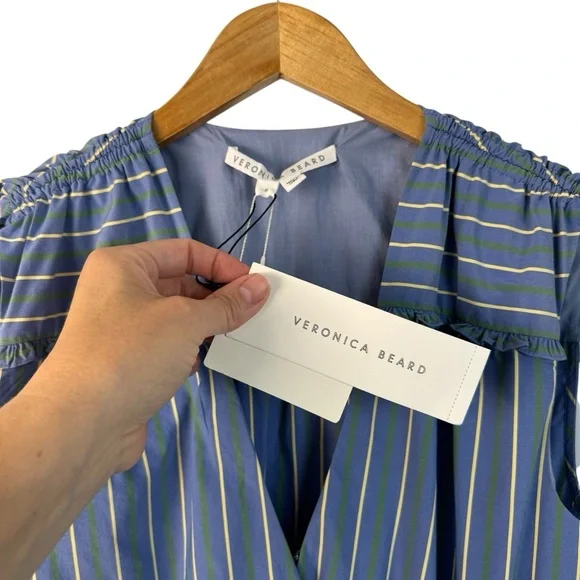 NWT Veronica Beard Teagan Stripe Ruched V-Neck Midi Dress Blue Size 6 Side Slit - Picture 15 of 16
